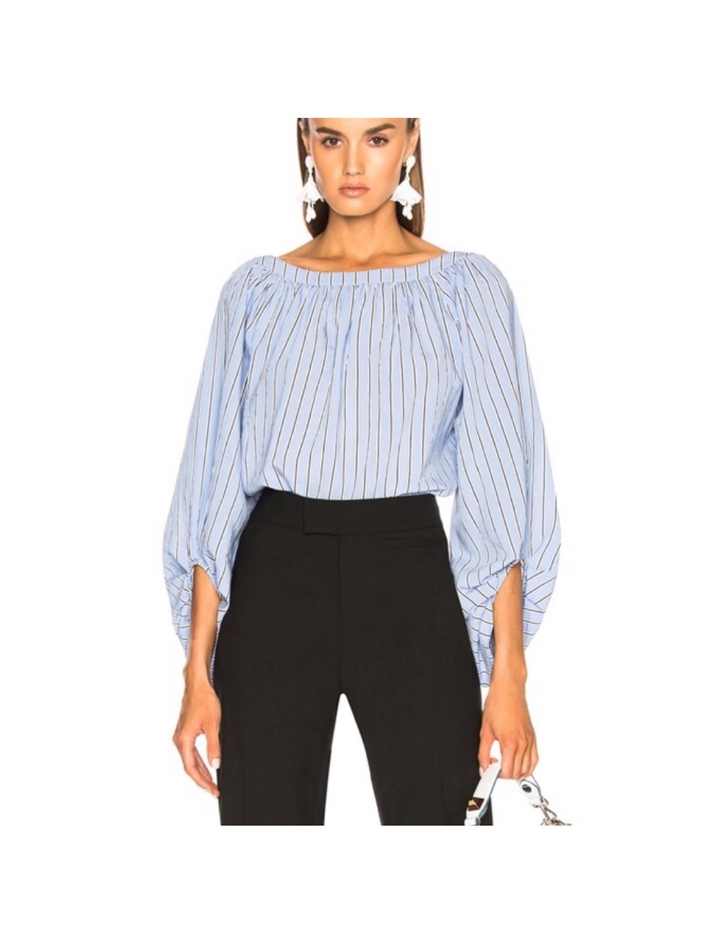 Smythe‎ Striped Off-Shoulder Blue White Cotton Blouse Balloon Sleeve